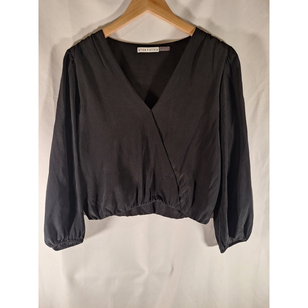 Alice + Olivia Black 100% Silk V-Neck Wrap Style Blouse Top CC907D10040 Womens M